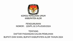 Pengumuman KPU Kabupaten Alor Nomor: 229/PL.02.3-Pu/5305/2024 Tentang Daftar Pasangan Calon Pemilihan Bupati dan Wakil Bupati Kabupaten Alor Tahun 2024